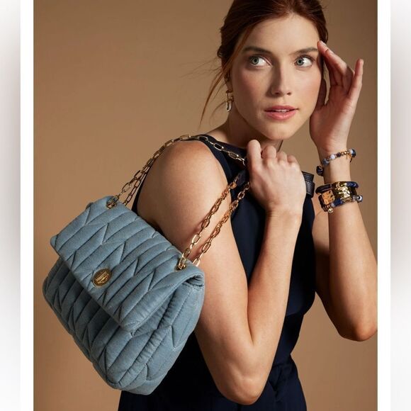 Talbots Gold Tone Chain Strap Leather Trim Quilted Denim BlueβShoulder Bag - Picture 5 of 16